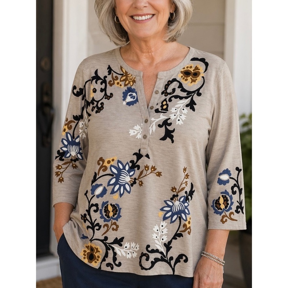Chico's Beige Floral Henley Long Sleeve Tee with Blue & Gold Accents